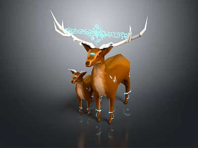 Mythical Deer Adult And Baby Brown Fur White Antlers Blue Glowing Accents Leg Bands 3d model