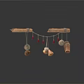 Handmade Wooden Hanging Decoration With Small Fabric Bags And Red Ornaments