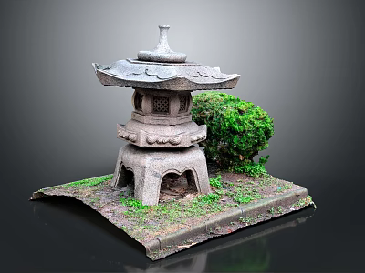 Traditional Stone Lantern With Carved Details And Green Bush On Grass Base 3d model
