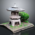 Traditional Stone Lantern With Carved Details And Green Bush On Grass Base
