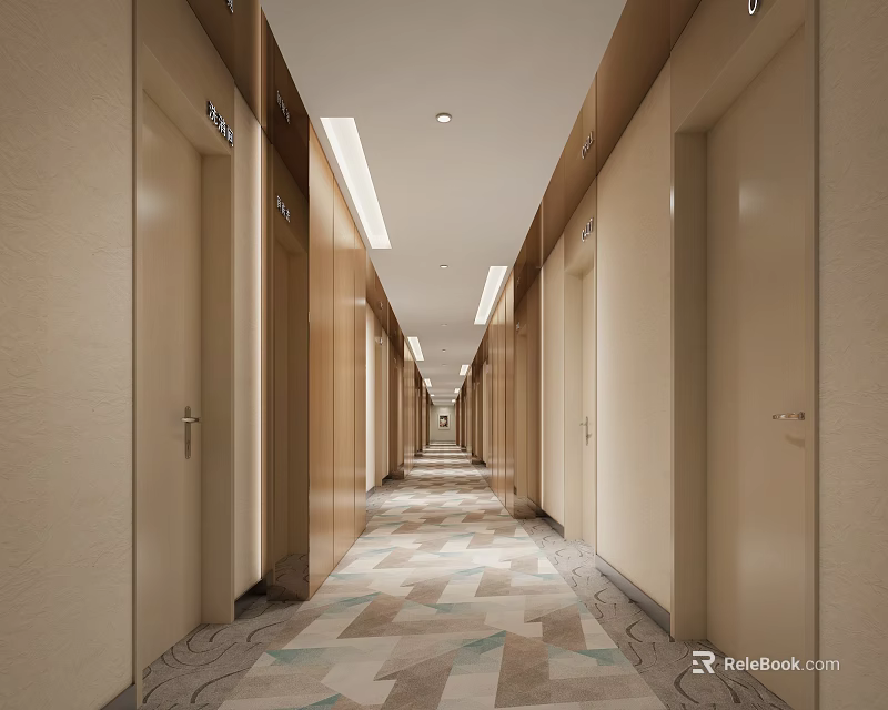 Modern Hotel Corridor Design With Sleek Beige Walls Patterned Carpet And Ceiling Lights 3d model