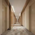 Modern Hotel Corridor Design With Sleek Beige Walls Patterned Carpet And Ceiling Lights 3d model