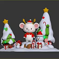 Festive Christmas Decorations with Small Trees Mouse Snowman and Gift Boxes on Snowy Base