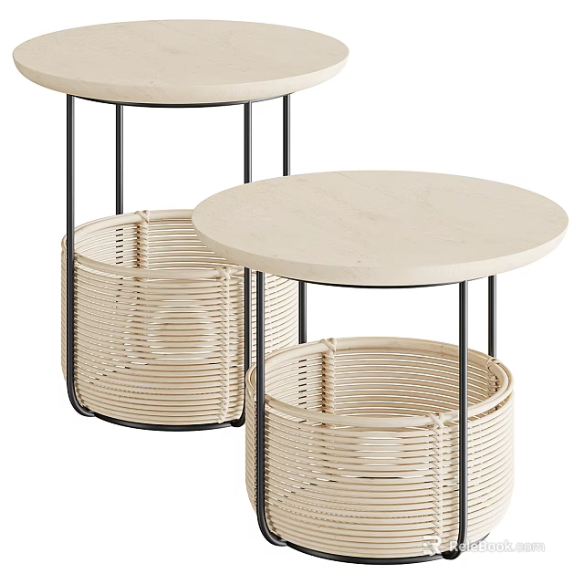Modern Dressing Table Featuring Round White Top Woven Storage Basket And Black Metal Legs 3d model 