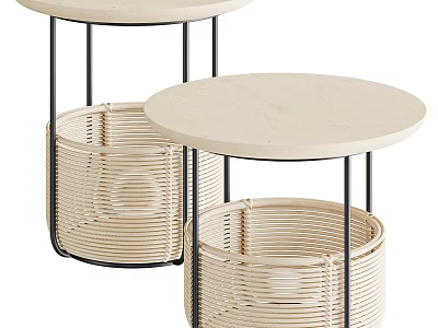 Modern Dressing Table Featuring Round White Top Woven Storage Basket And Black Metal Legs 3d model