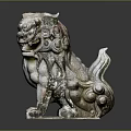 Traditional Chinese Stone Lion Statue Ancient Weathered Appearance Curled Mane and Tail Sitting Pose