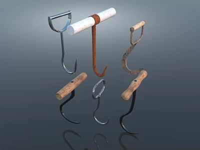 Various Metal Utility Hooks With Wooden Handles And Different Designs 3d model