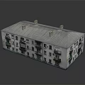 Cartoon Style Residential Building With Multi Story Gray Roof White Walls Balconies Green Railings And Chimneys