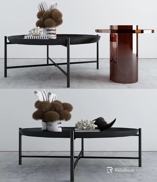 Black Two-Piece Round Coffee Table with Metal Frame and Decorative Accessories 3d model