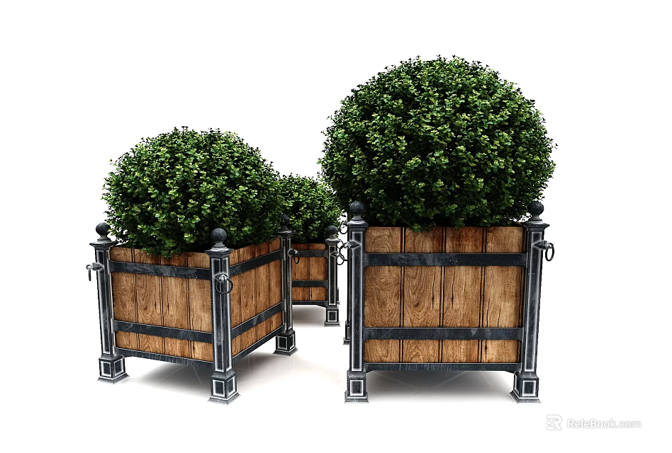 Garden Ornaments Featuring Wooden Planters Metal Frames And Round Shrub Balls 3d model 