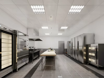 Commercial Kitchen Interior With Stainless Steel Equipment Workbench Refrigerators Ovens Tile Floor And Ceiling Lights 3d model