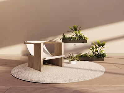 Stylish Leisure Chair On Round Rug With Green Plants And Warm Sunlight 3d model