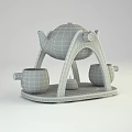 White Ceramic Tea Set with Teapot Teacups Wooden Arched Stand and Tray