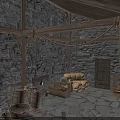 Hardware Tools In Medieval Workshop With Stone Walls Wooden Barrels Axe And Beams