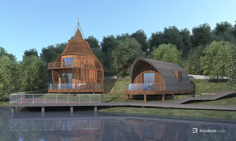 Two Unique Wooden Houses With Pointed And Curved Roofs Terrace Near Lake Surrounded By Trees 3d model 