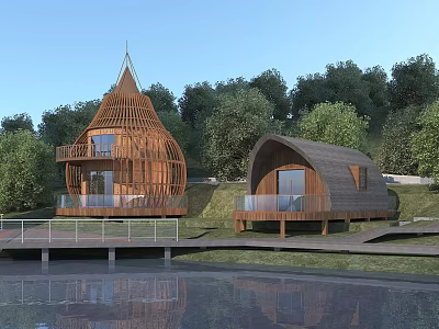 Two Unique Wooden Houses With Pointed And Curved Roofs Terrace Near Lake Surrounded By Trees 3d model