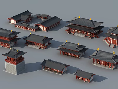 Traditional Chinese Ancient Architecture Models With Classic Roof Styles And Red Structures 3d model