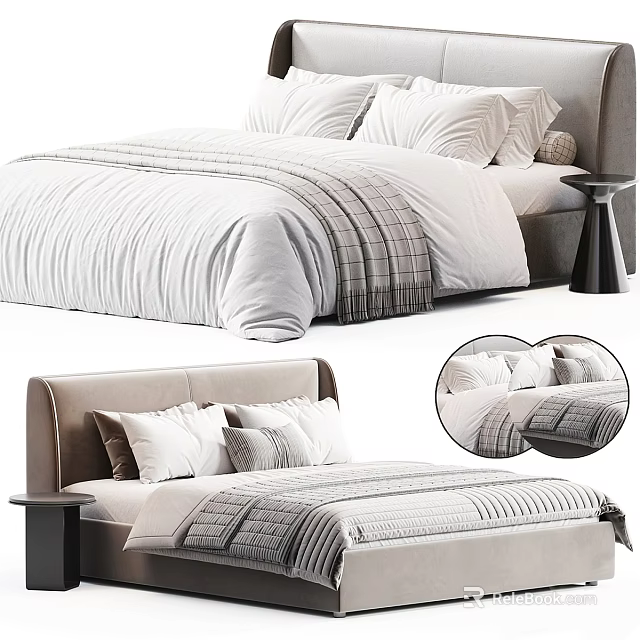 Double Bed With Beige Headboard White Gray Bedding Pillows And Small Nightstand 3d model 