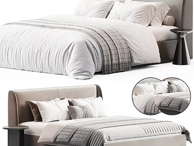 Double Bed With Beige Headboard White Gray Bedding Pillows And Small Nightstand 3d model