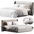 Double Bed With Beige Headboard White Gray Bedding Pillows And Small Nightstand 3d model