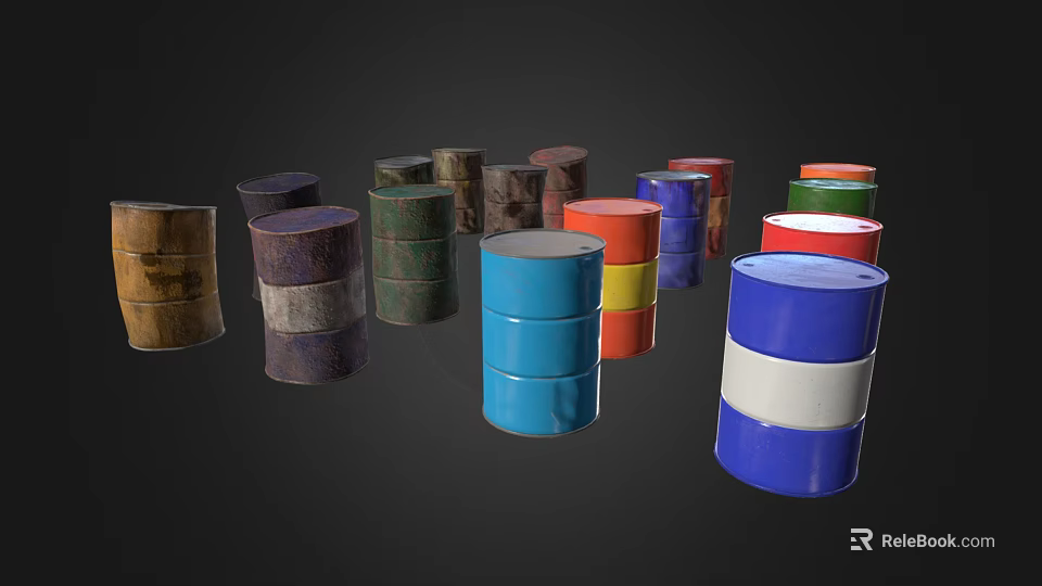 Various Colored Stacked Metal Barrels With Blue Red Green And White Hues 3d model 
