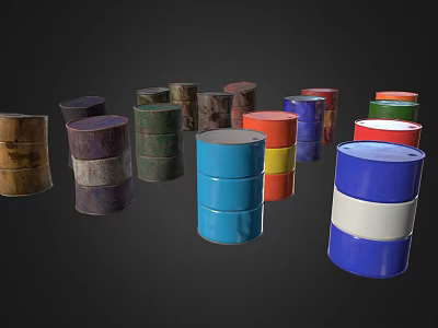 Various Colored Stacked Metal Barrels With Blue Red Green And White Hues 3d model