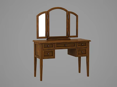 Classic Wooden Dressing Table with Three Mirrors and Drawer Storage 3d model