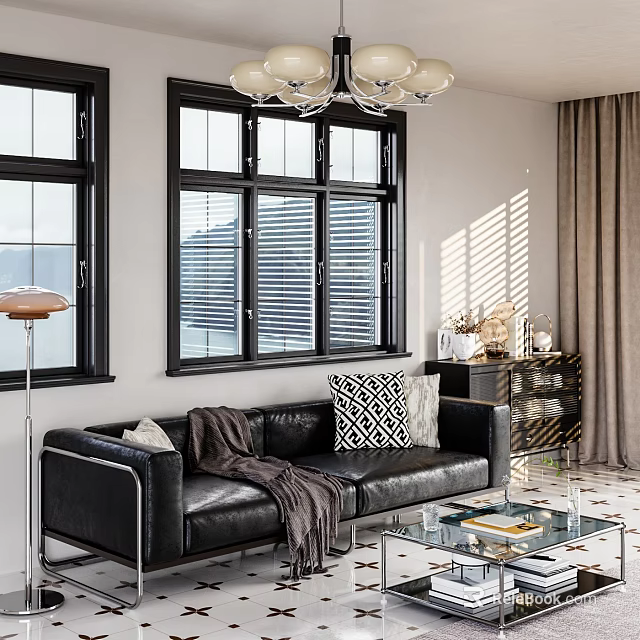 Modern Living Room Interior Design With Black Leather Sofa Glass Coffee Table Curtains And Chandelier 3d model 