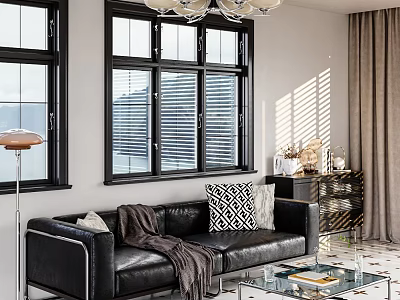 Modern Living Room Interior Design With Black Leather Sofa Glass Coffee Table Curtains And Chandelier 3d model