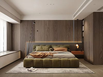 Modern Bedroom Interior With Wooden Wall Panels Olive Green Bed Pendant Lights And Area Rug 3d model