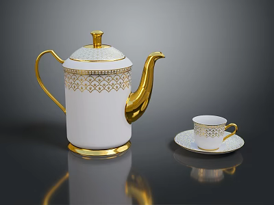 Elegant White Teapot With Gold Intricate Patterns And Matching Teacup Saucer Set 3d model