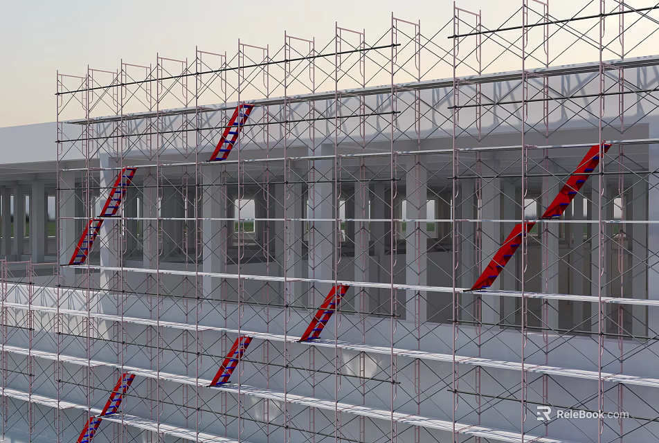 Tall Building Under Construction With Scaffolding Structure And Red Ladders 3d model