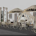 Outdoor Restaurant With Straw Umbrellas Tents String Lights And City Skyline At Night