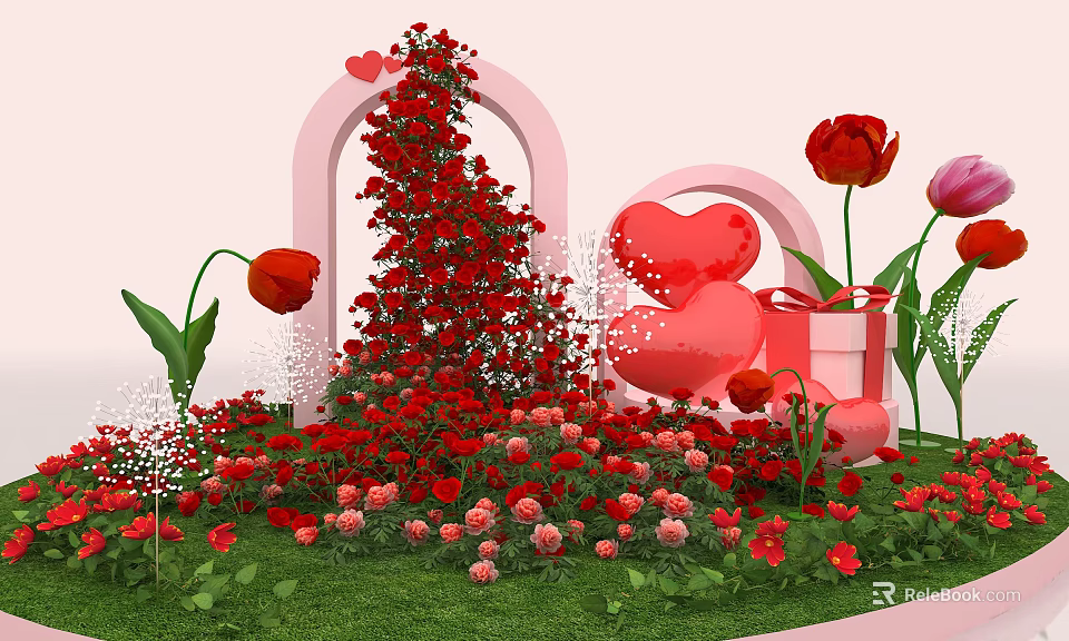 Floral Display With Red Roses Heart Shaped Decorations Pink Arch And Green Grass 3d model 