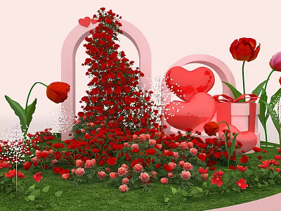 Floral Display With Red Roses Heart Shaped Decorations Pink Arch And Green Grass 3d model