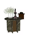 Elegant Side Table with Marble Top Featuring Vase Wine Bottle and Glass on Wooden Base