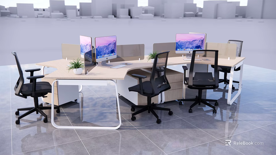 Modern Office Desk With Dual Monitors Black Office Chairs Dividers Small Potted Plants And Drawers 3d model 