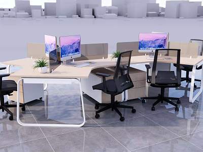 Modern Office Desk With Dual Monitors Black Office Chairs Dividers Small Potted Plants And Drawers 3d model