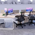 Modern Office Desk With Dual Monitors Black Office Chairs Dividers Small Potted Plants And Drawers
