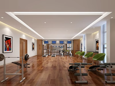 Modern Fitness Gym Interior With Wooden Floor Dumbbells Bench Green Chairs And Paintings 3d model