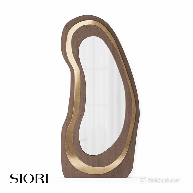 Modern Irregular Shaped Mirror With Wooden Frame And Gold Accent For Home Decor 3d model 