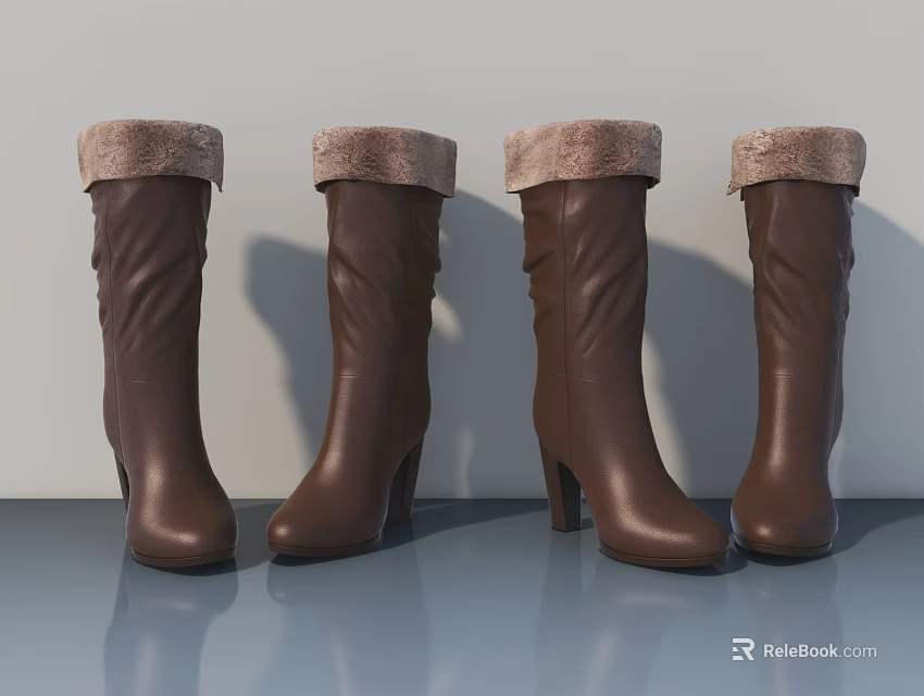 Brown Leather High Heel Boots Featuring Fur Trim For Winter Style 3d model 