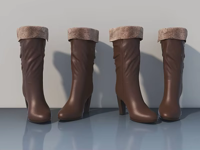 Brown Leather High Heel Boots Featuring Fur Trim For Winter Style 3d model