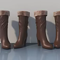 Brown Leather High Heel Boots Featuring Fur Trim For Winter Style 3d model