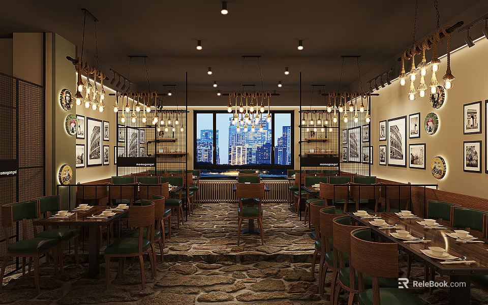 Cozy Restaurant Interior With Hanging Chandeliers Wooden Tables Green Chairs And Large Windows 3d model 