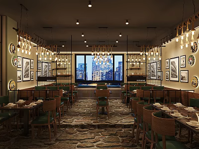 Cozy Restaurant Interior With Hanging Chandeliers Wooden Tables Green Chairs And Large Windows 3d model