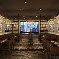 Cozy Restaurant Interior With Hanging Chandeliers Wooden Tables Green Chairs And Large Windows