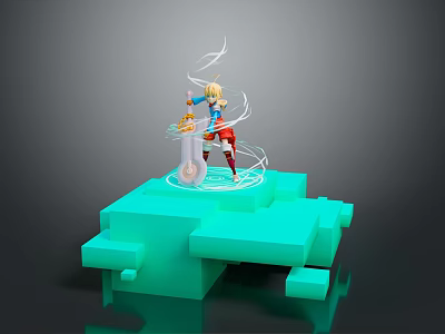 Blonde Haired Character With Creature On Green Block Platform Blue Top Red Pants White Aura 3d model