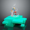 Blonde Haired Character With Creature On Green Block Platform Blue Top Red Pants White Aura