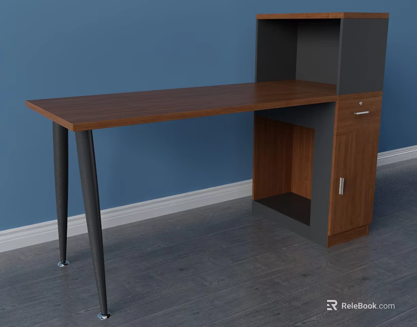 Modern Wooden Office Desk With Black Metal Legs And Storage Cabinet 3d model 